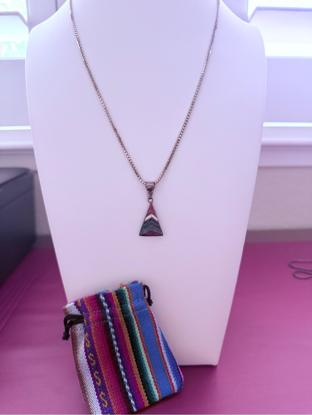 Chakra 7 Semi Precious Stone Triangular Peru Ethnic Pendant 925 Sterling Silver